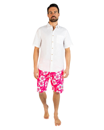 Okanui Men's Classic Shorts in Hibiscus Glow Pink partner with short sleeves polo.