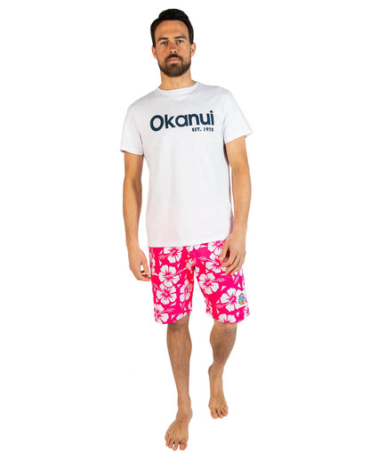 Okanui Men's Classics Shorts in Hibiscus Glow pink partner with Okanui Shirt.