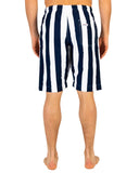 The Okanui classic shorts with the navy and white stripes showing the back pocket and Okanui logo. 