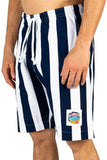 The Okanui classic shorts with the navy and white stripes displays the finer details on the side part. 