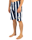 The Okanui classic short with the navy and white stripes displays the logo at the bottom and the side.