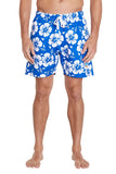 a classic shorts in color white and blue hibiscus flower with elastic waist and a white drawstring in front.