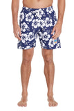 The Okanui classic short shorts with the navy and white hibiscus flower displays the logo at the bottom and the side.
