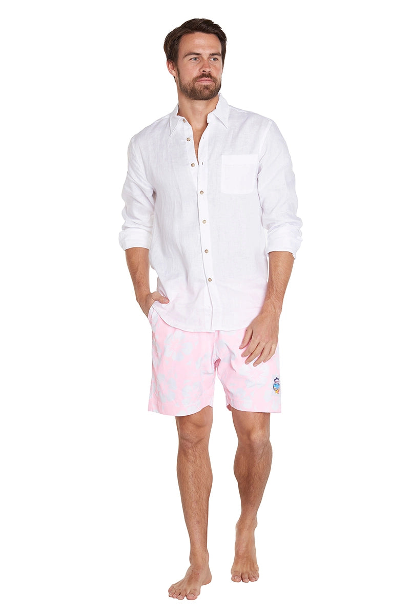 Mens classic short shorts in color white and light pink paired with a plain white top short sleeve