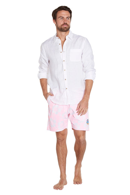 Mens classic short shorts in color white and light pink paired with a plain white top short sleeve