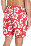 A classic pair of light red and white hibiscus flower short shorts showing the back part pocket with Okanui logo in color red and blue.