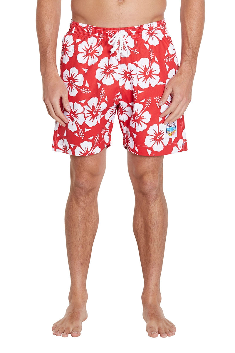 A classic men short shorts with light red and white hibiscus flower showing the two side pocket and a white drawstring in the front.