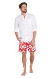 Mens classic short shorts in color white and light red hibiscus flower paired with a plain white top short sleeve. 