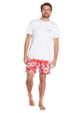 A classic red and white hibiscus flower short paired with a basic white top shirt with Okanui logo in color red and blue.