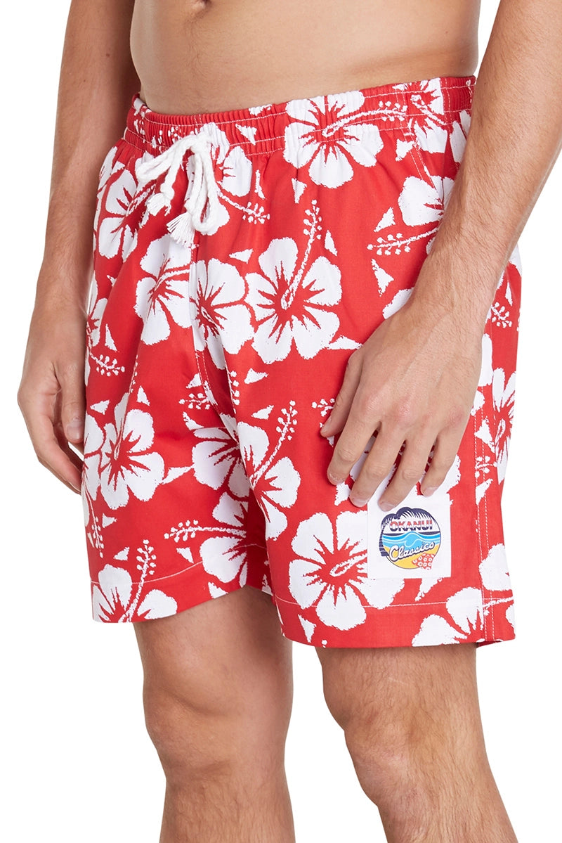 Mens classic short shorts with white and light red color hibiscus flower.