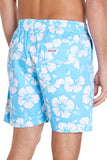 A classic men short shorts with sky blue and white hibiscus flower showing the back pocket part and Okanui logo displayed.