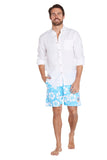 A classic mens short shorts paired with a plain white top sleeve.