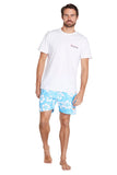 A classic white and sky-blue color hibiscus flower short  shorts worn with a simple white top shirt