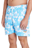 A pair of Okanui mens classic short shorts with a white and sky blue color hibiscus flower.