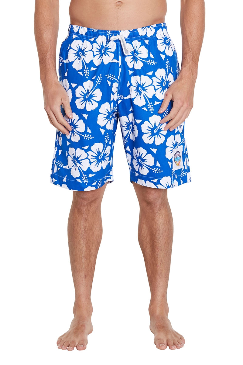 Okanui Men's Classics Shorts in Hibiscus Blue showing the front view details.