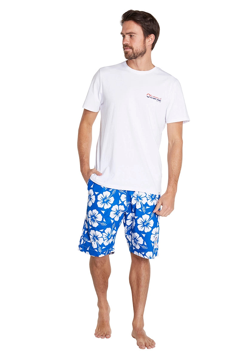 Okanui Men's Classics Shorts in Hibiscus Blue partner with Okanui Shirt.