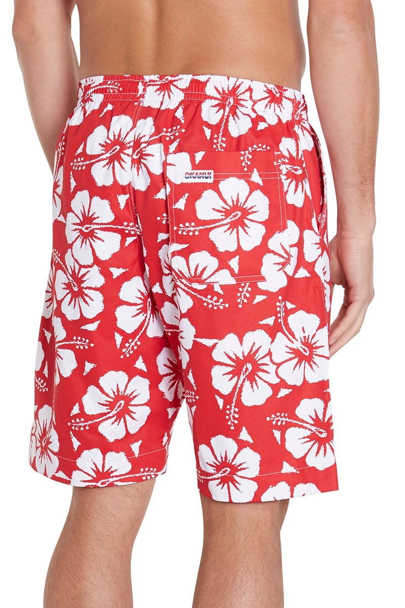 The Okanui Classics Shorts in Hibiscus Red showing the back view details.