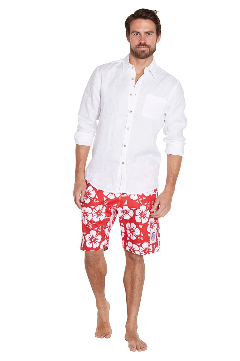 Okanui Men's Classics Shorts in Hibiscus Red partner with long sleeves polo.