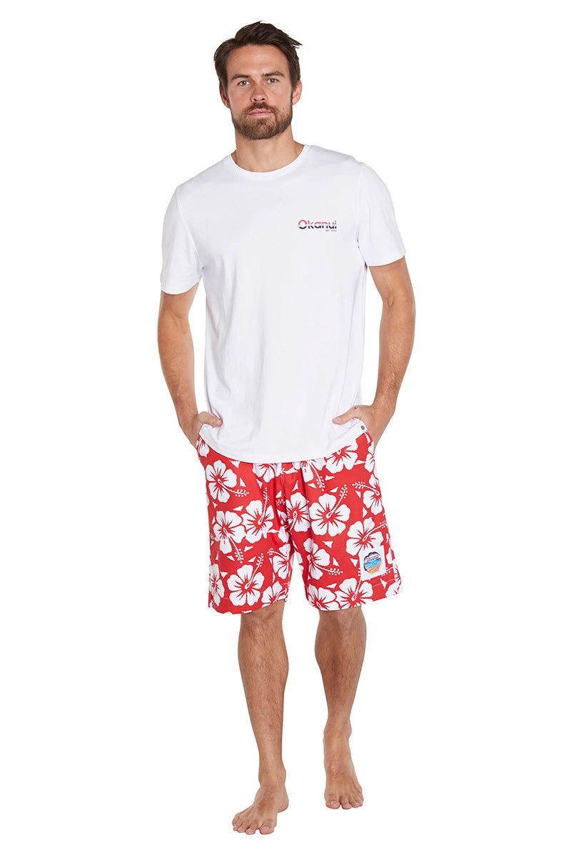 Okanui Men's Classics Shorts in Hibiscus Red partner with Okanui Shirt.