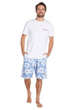 Front view of the Okanui classic shorts and a white top printed shirt with Okanui on its left-side part.