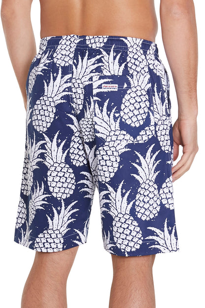 a classic navy short with a pineapple pattern that showing the back part.