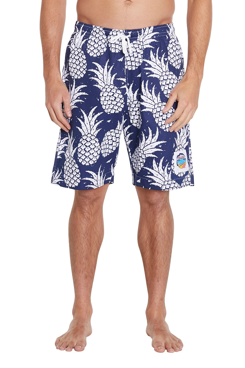 Classic navy shorts showing the side pocket and a logo at the bottom left.