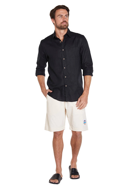 Okanui Men's Classics Shorts in Plain Natural partner with long sleeves polo.