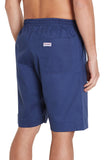 A classic navy short with a right side pocket featuring the Okanui logo and the back view portion visible.