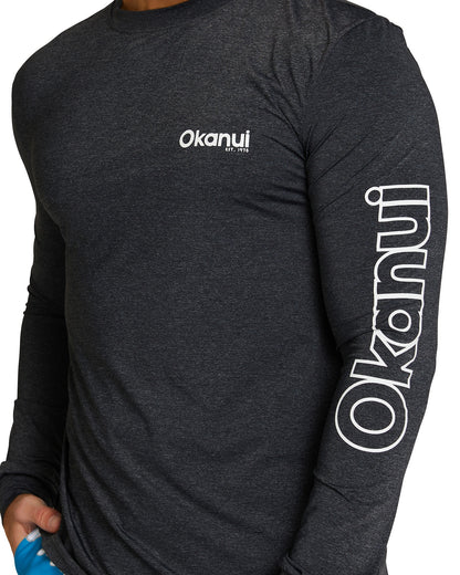 Full details of The Okanui Men's spring long sleeve rashie in black marle. 