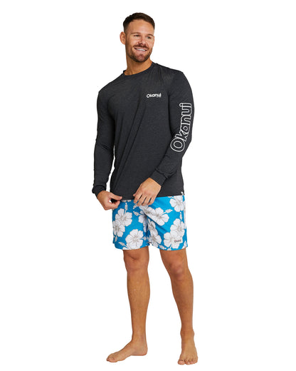 Okanui Men's spring long sleeve rashie in black marle in full front details. 