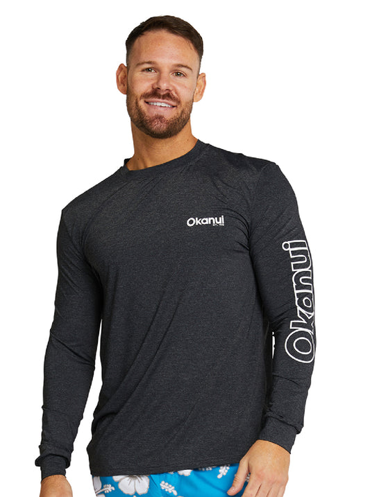 The Okanui Men's spring long sleeve rashie in black marle.