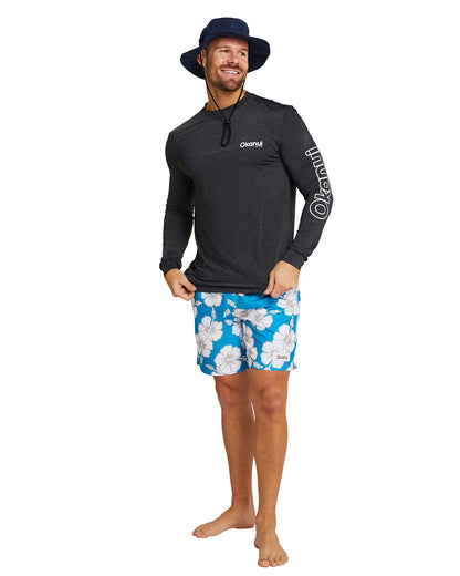 The Okanui Men's spring long sleeve rashie in black marle with okanui bucket hat. 