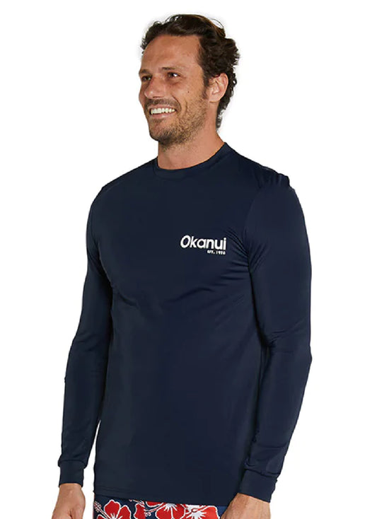 The Okanui Men's Spring Long Sleeve Rashie in navy color.