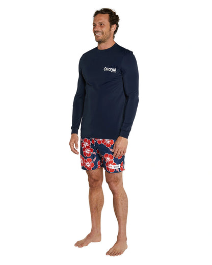 The Okanui Men's Spring Long Sleeve Rashie in navy color showing the right side details.