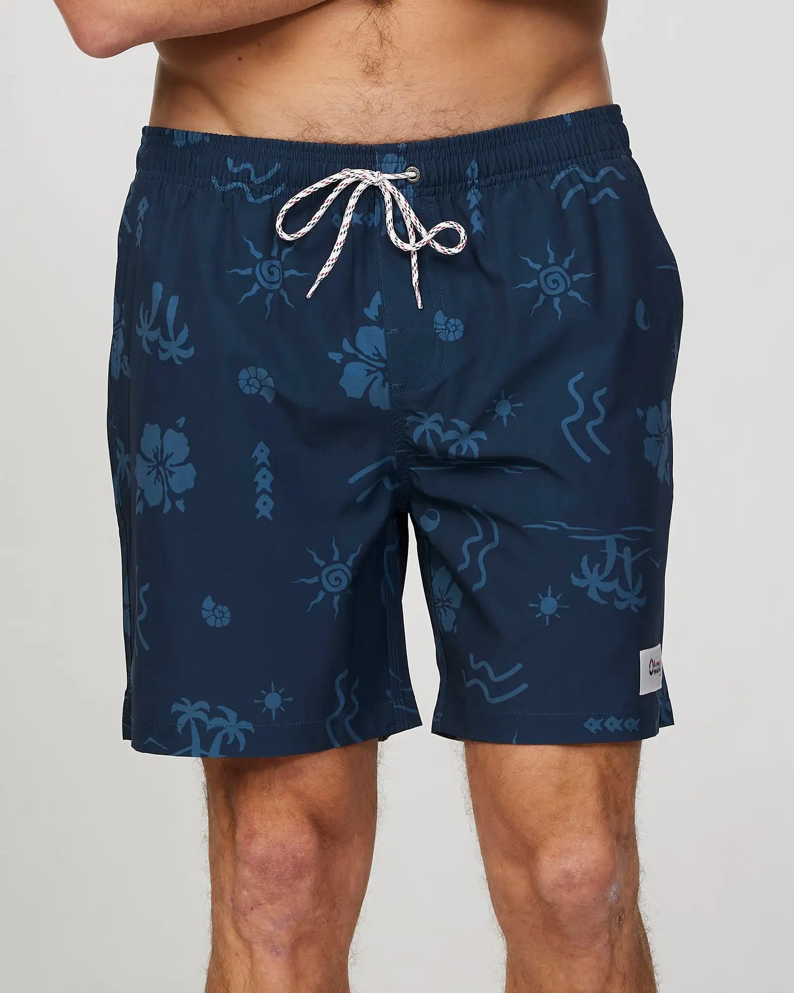 Front view of the Okanui Mens Seascape Stretch Swim Short in Navy Natural