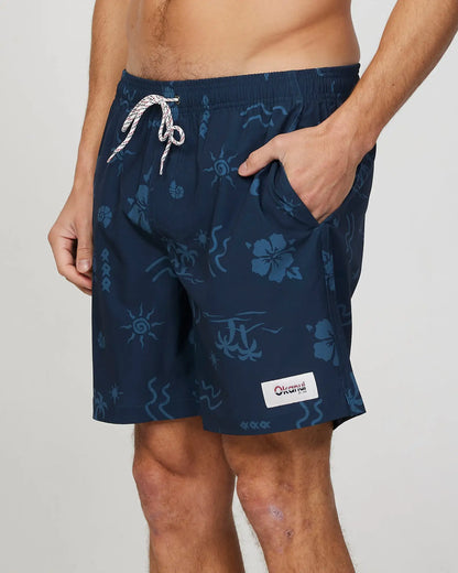 Left side view of the Okanui Mens Seascape Stretch Swim Short in Navy Natural