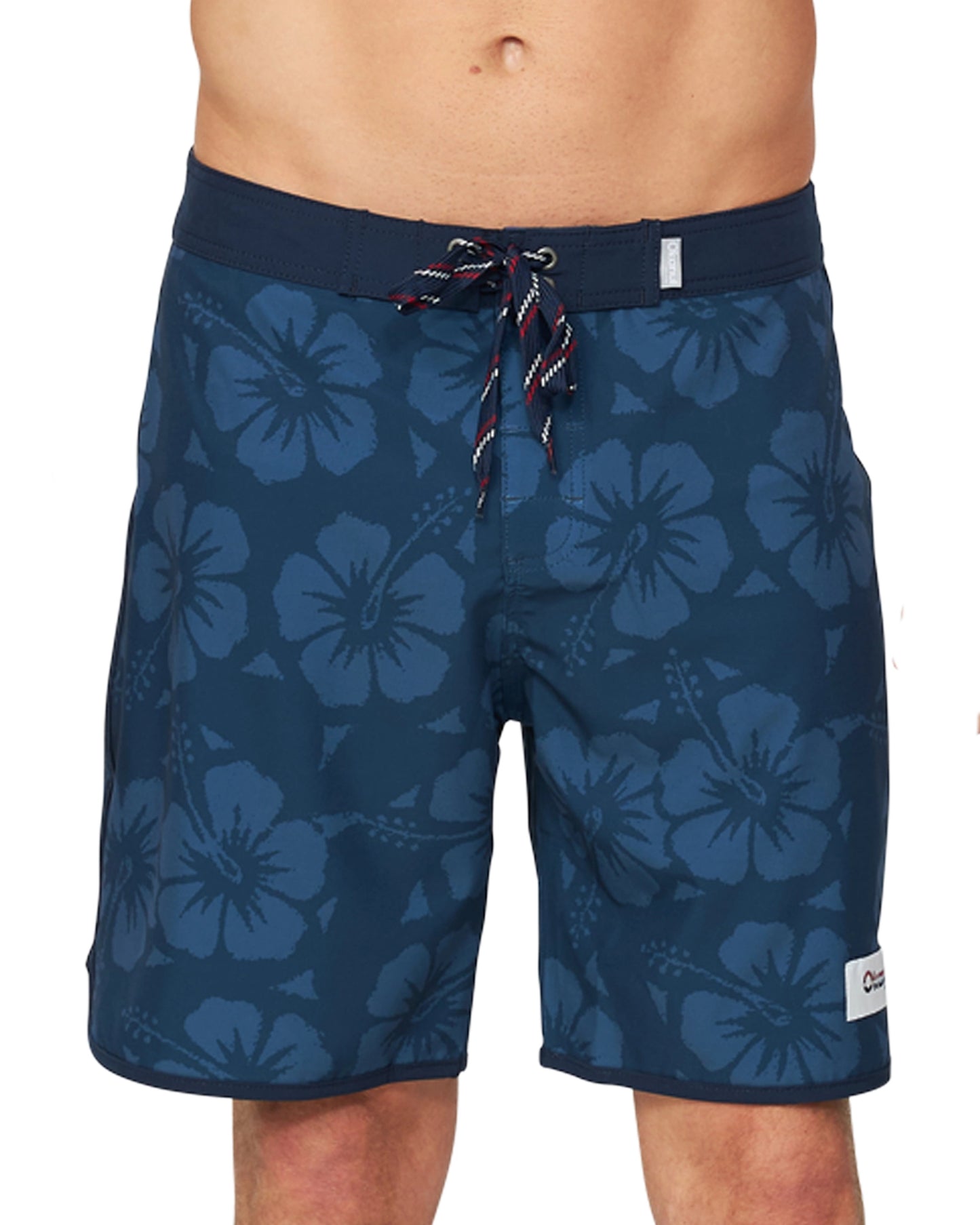 A closer view of the Okanui Boardrider Swim shorts featuring its multicolor drawcord, fixed waist, and leg badge.