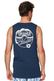 A back view of a male model wearing the Okanui Classic Badge Tank Top for men in navy colour.