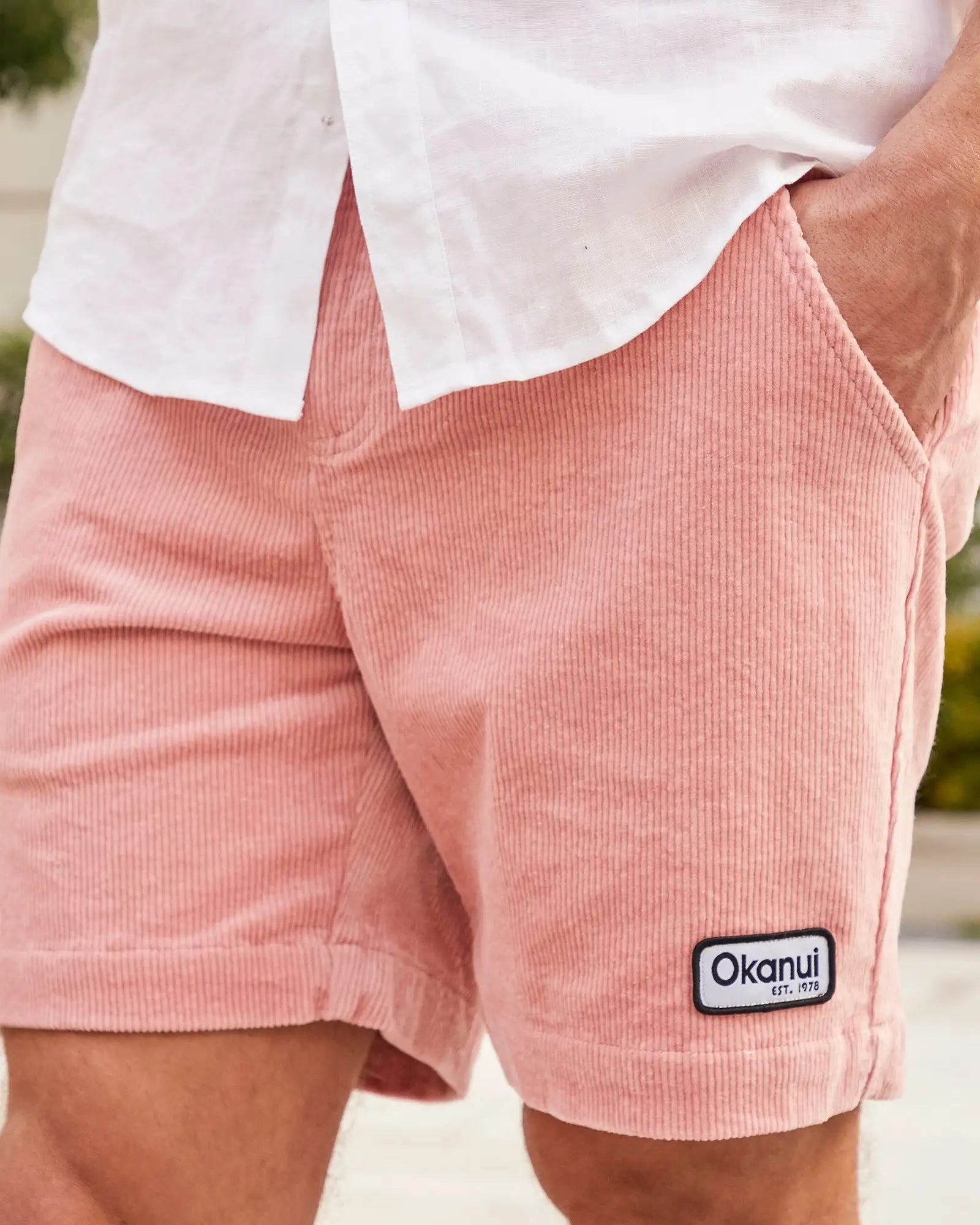 Left view of the Okanui Mens Big Iron Corduroy Walk Shorts in Pink