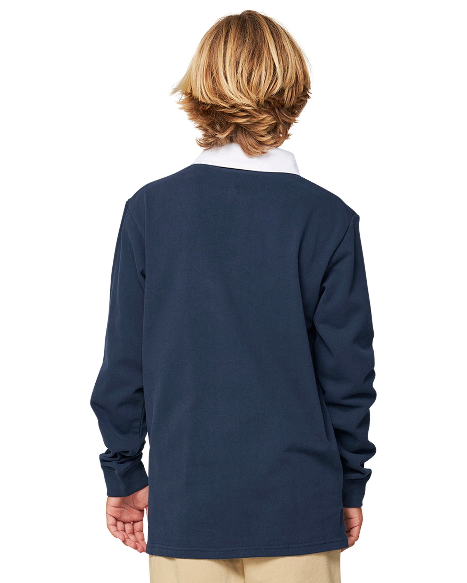 Closeup back view of a boy wearing the Okanui Heritage long sleeve rugby tops and jumpers in Navy