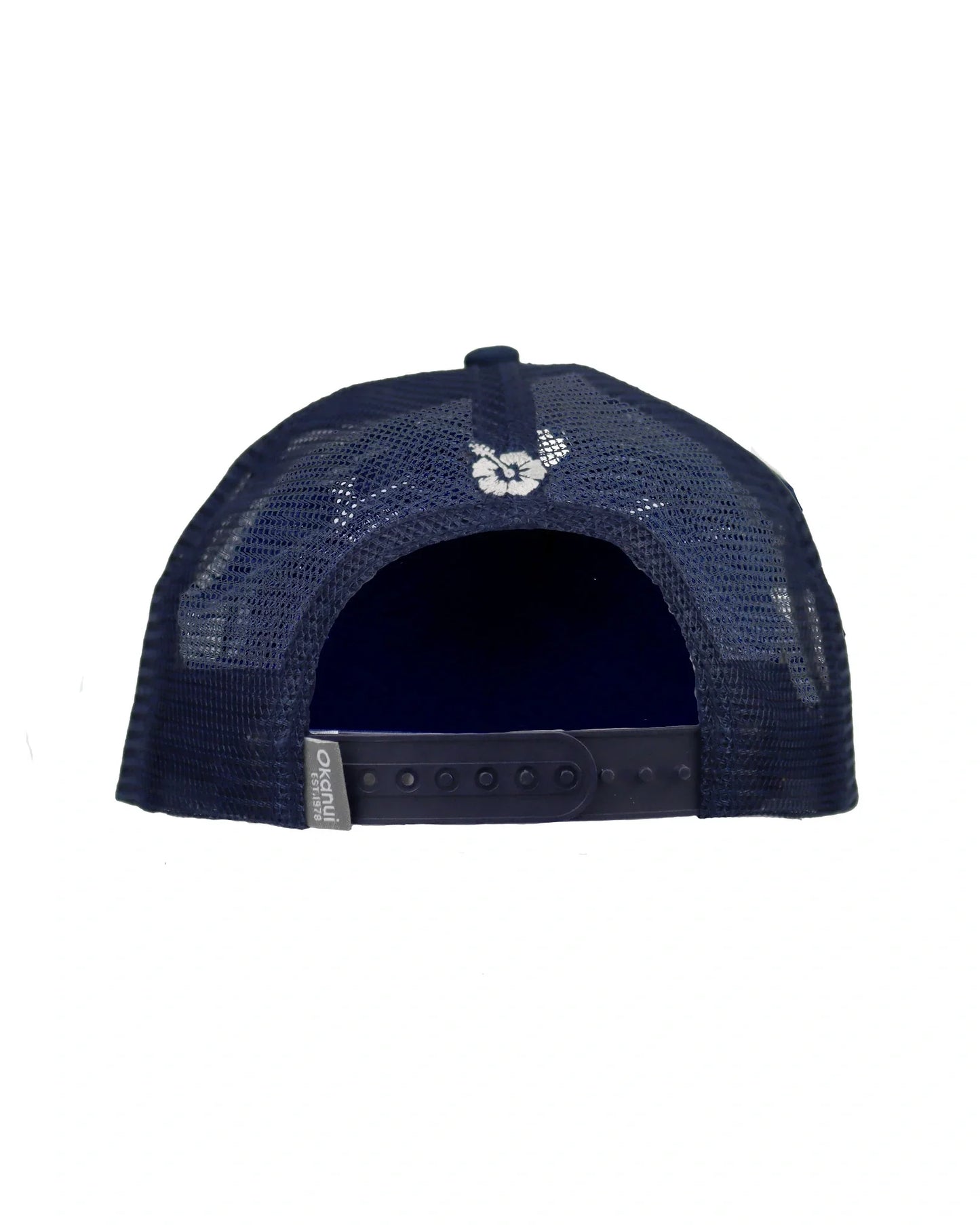 Back view of the Okanui all day trucker cap showing mesh back and snapback features