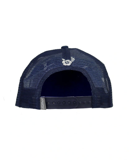 Back view of the Okanui all day trucker cap showing mesh back and snapback features