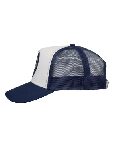 Side view of Okanui all day trucker cap with mesh back navy white color