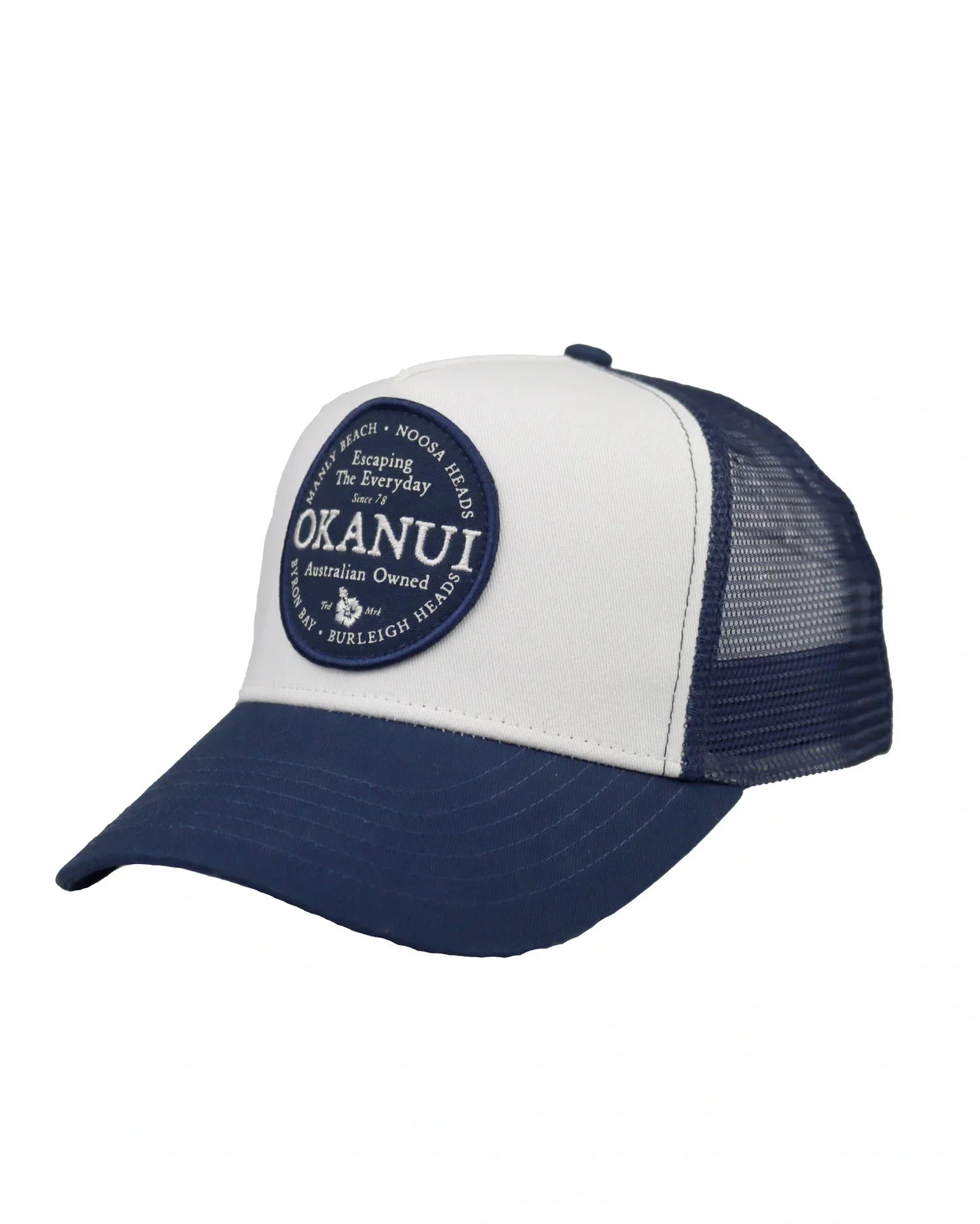 Front View of Okanui All Day Trucker Cap in Navy Natural with mesh back