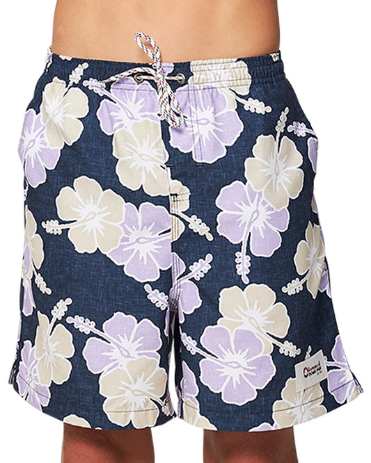 Front view o f the Okanui Way Back When kids swim shorts in Navy Lilac