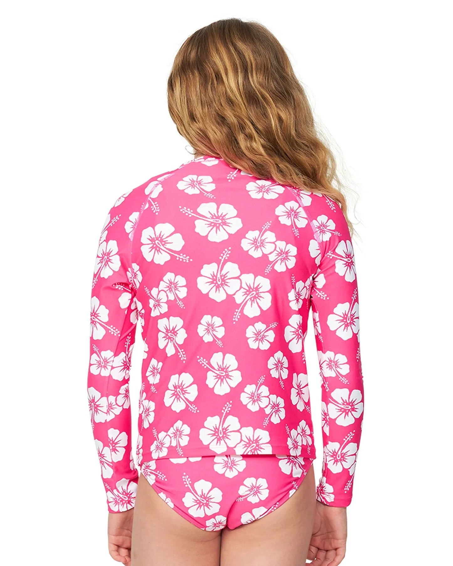 Okanui Summer Girl Long sleeve rashie in Hibiscus Hot Pink close up back details..