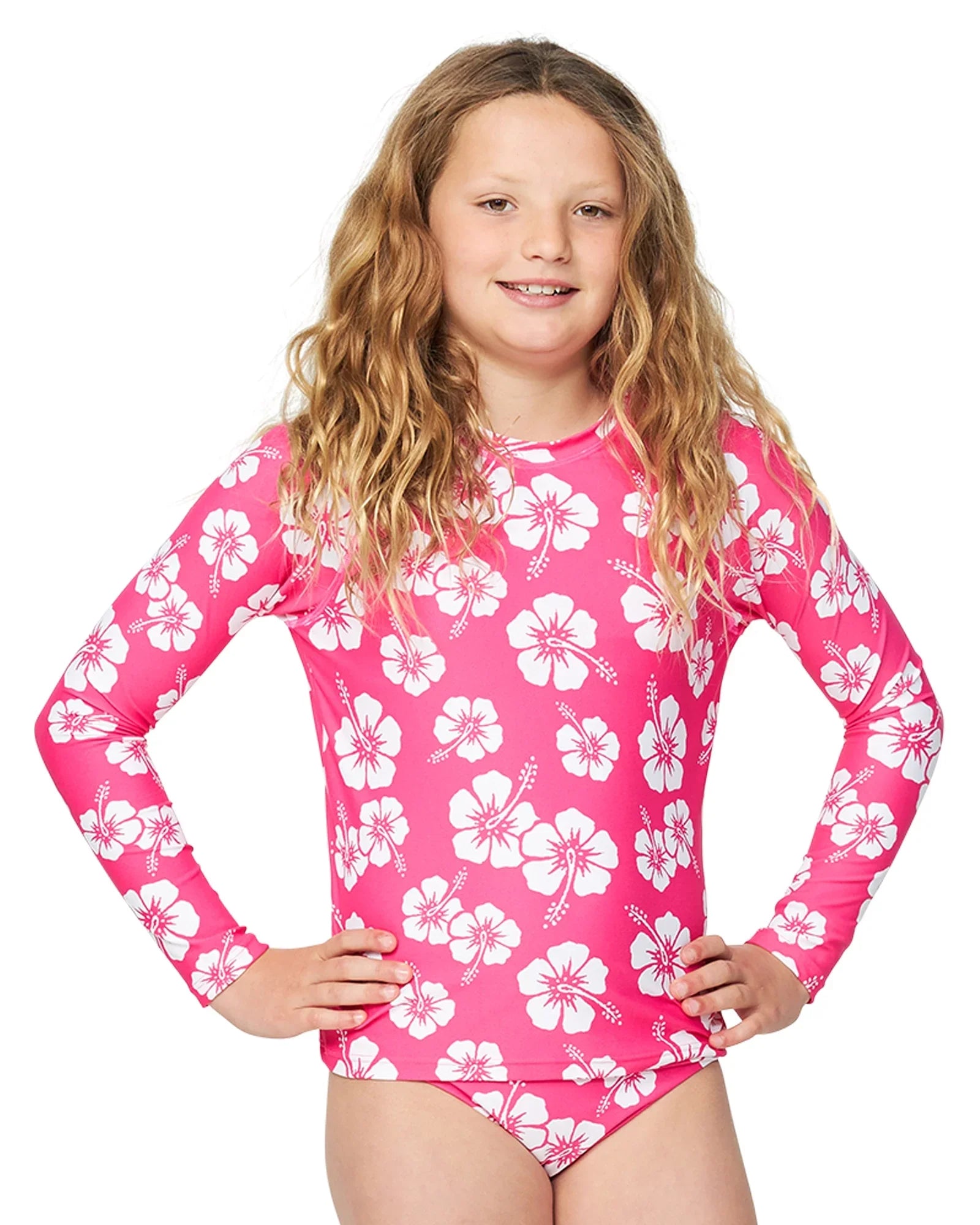 Girl's long sleeve set of Okanui Summer rashie in Hibiscus Hot Pink.