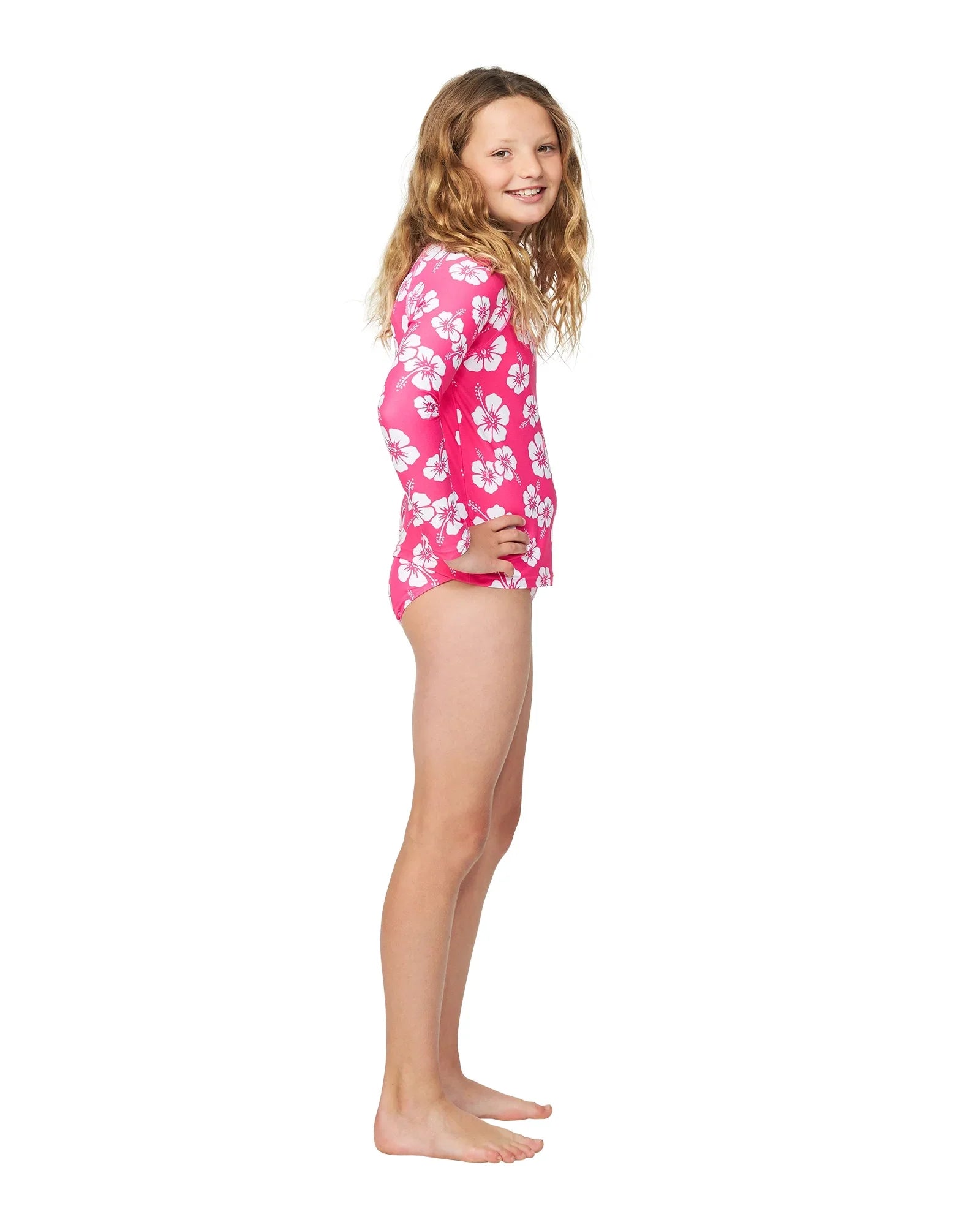 Okanui Summer Girl Long sleeve rashie in Hibiscus Hot Pink showing the side details.