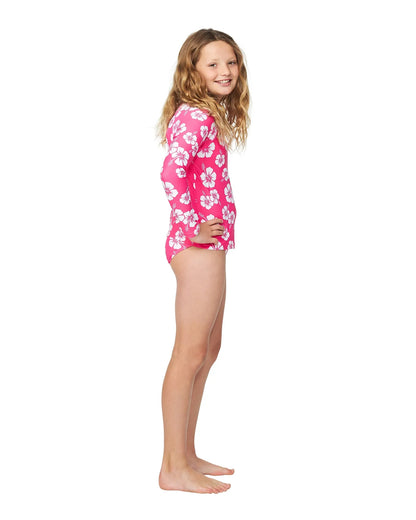 Okanui Summer Girl Long sleeve rashie in Hibiscus Hot Pink showing the side details.