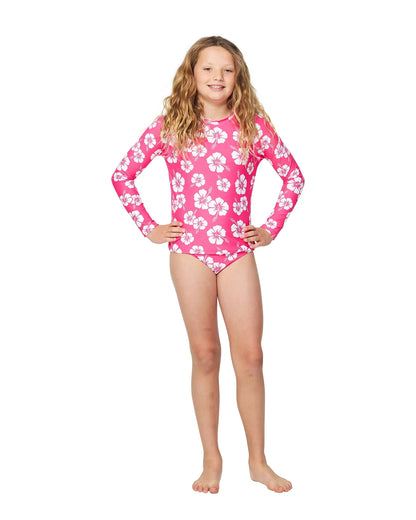 Full view of Okanui Summer Girl's long sleeve rashie in Hibiscus Hot Pink.